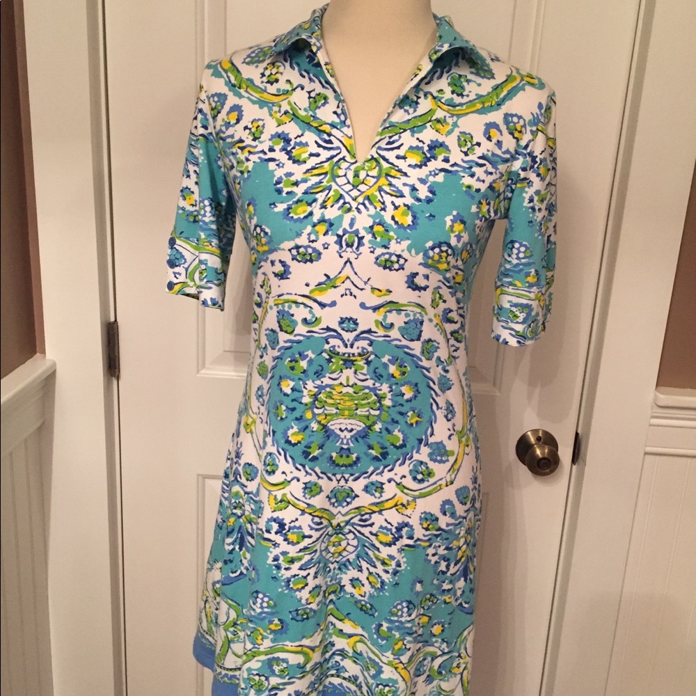 BARBARA GERWIT DRESS SHEATH BLUE WHITE KNIT V-NECK SIZE S